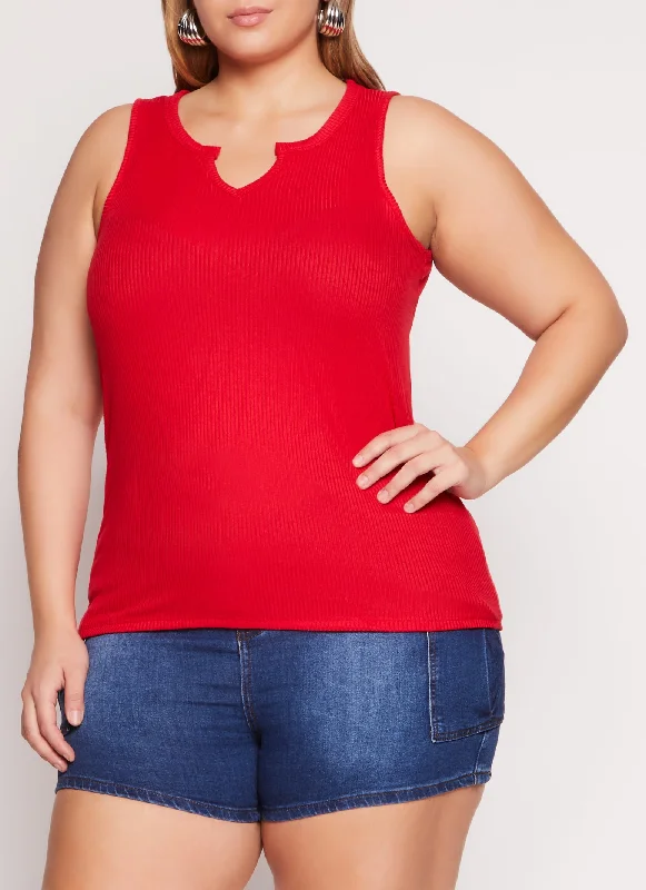 Plus Size Rib Knit Notch Neck Tank Top