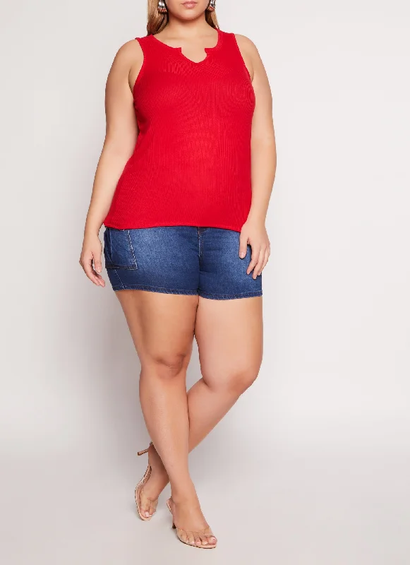 Plus Size Rib Knit Notch Neck Tank Top