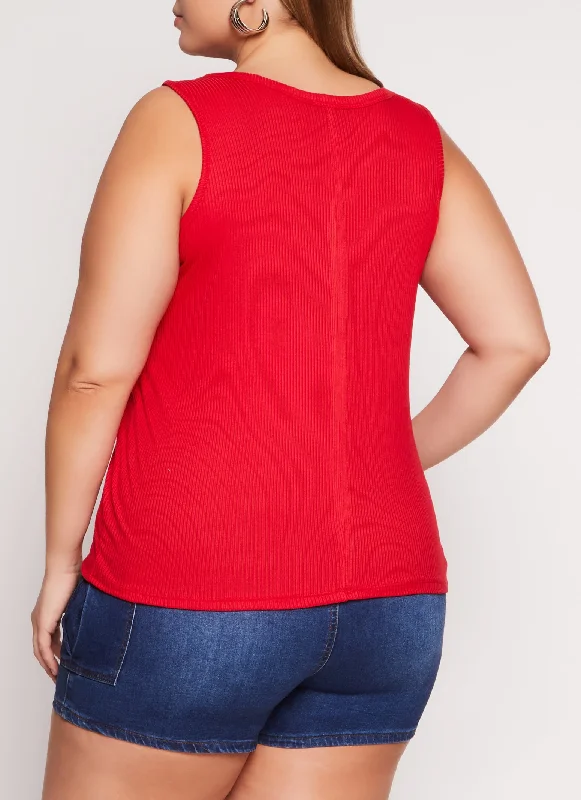 Plus Size Rib Knit Notch Neck Tank Top