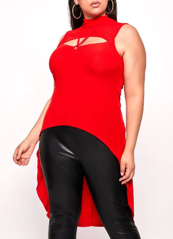 Plus Size Ribbed O Ring Cut Out High Hem Top