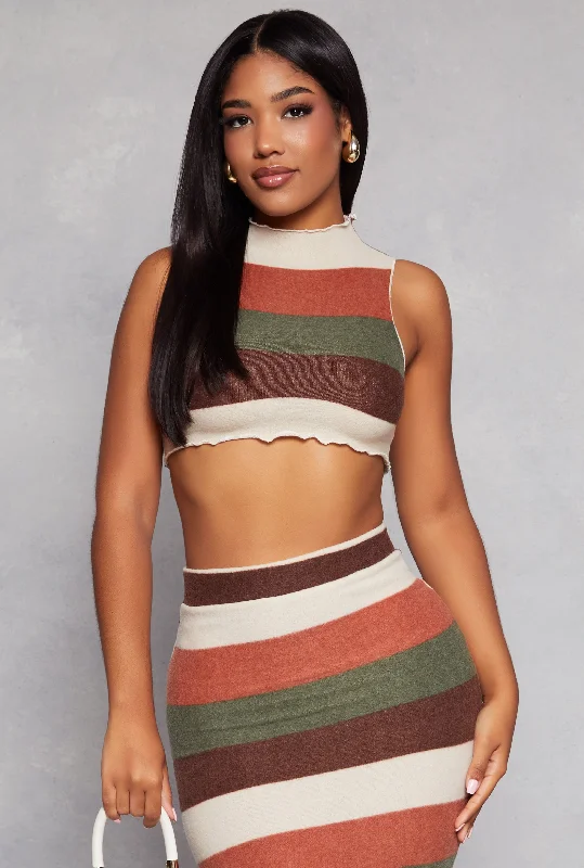 Striped Brush Knit Mock Neck Cropped Tank Top