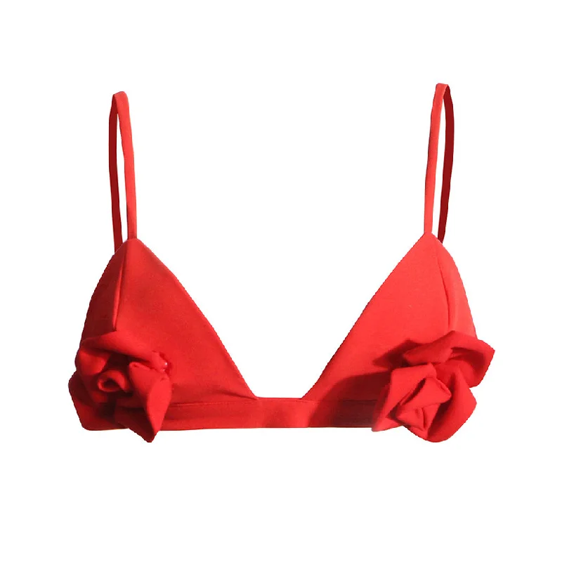 Sexy 3D Rosette Applique Solid Color Spaghetti Strap Triangle Bra Top