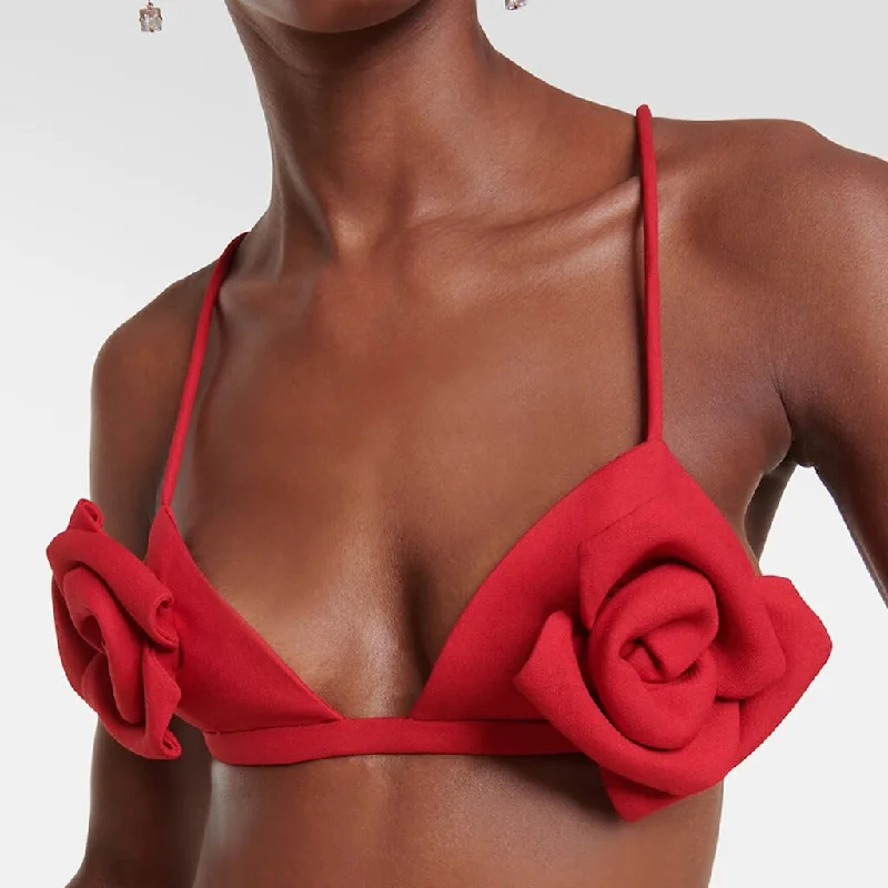 Sexy 3D Rosette Applique Solid Color Spaghetti Strap Triangle Bra Top