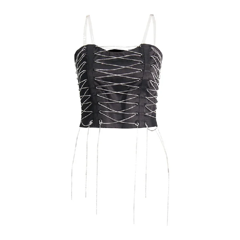 Shimmering Crystal Embellished Lace Up Fringed Silky Satin Crop Tube Top