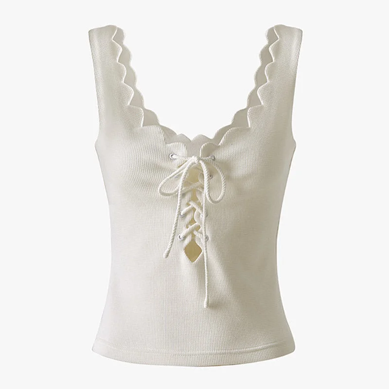 Solid Scalloped Tie Front Cutout Tank Top - White