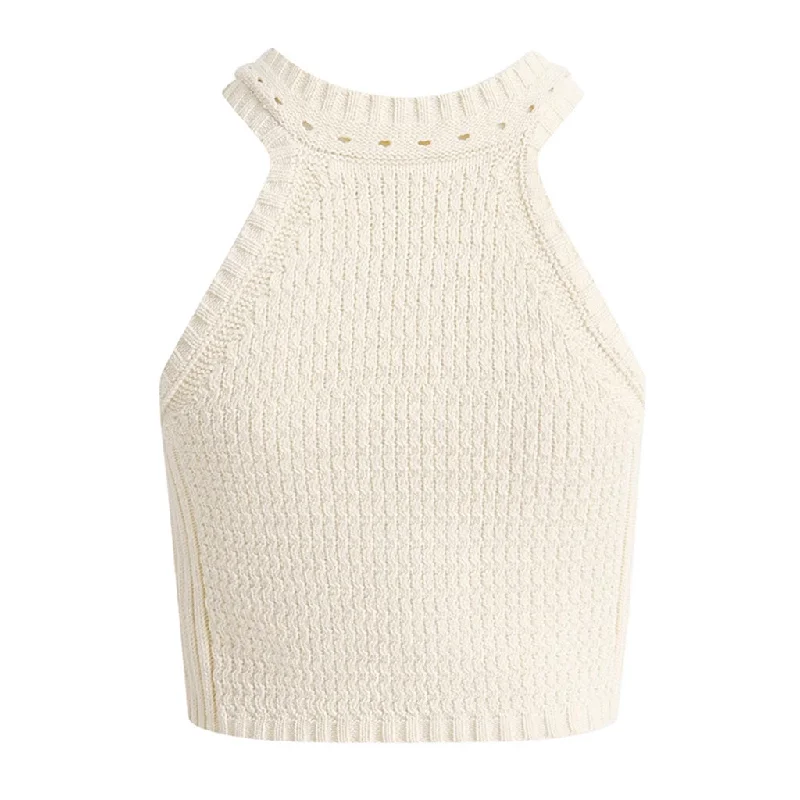 Summer Monochrome Open Knit Round Neck Crop Knit Tank Top