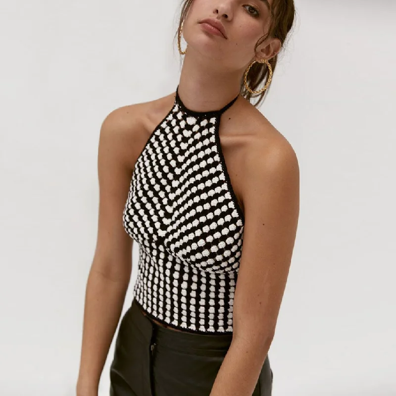 Vintage Gingham Lace Up Halter Neck Cropped Tank Top - Black