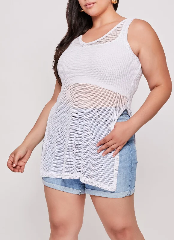 Plus Size Fishnet Side Slit Tank Top