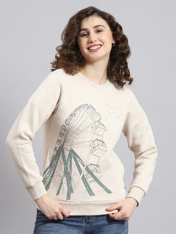 Women Beige Printed Round Neck Full Sleeve Sweatshirt