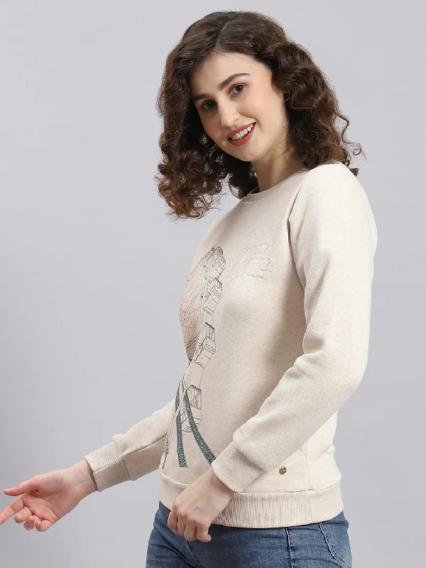 Women Beige Printed Round Neck Full Sleeve Sweatshirt