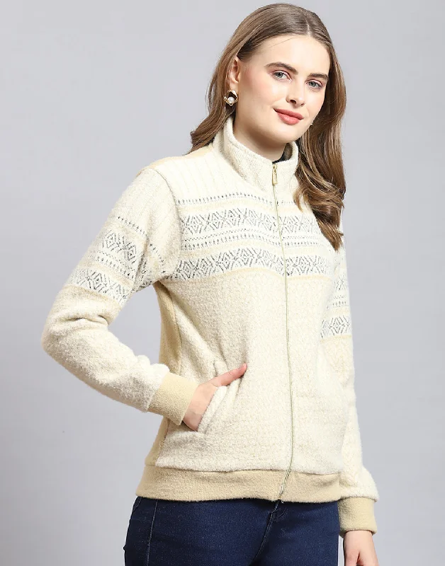 Women Beige Self Design Stand Collar Full Sleeve Sweatshirt