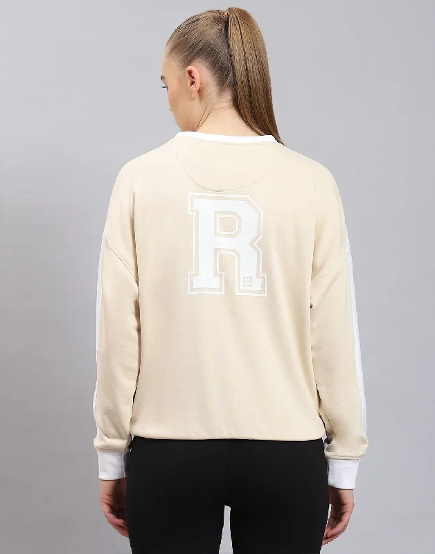 Women Beige Solid Round Neck Full Sleeve Sweatshirt