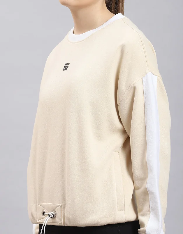 Women Beige Solid Round Neck Full Sleeve Sweatshirt