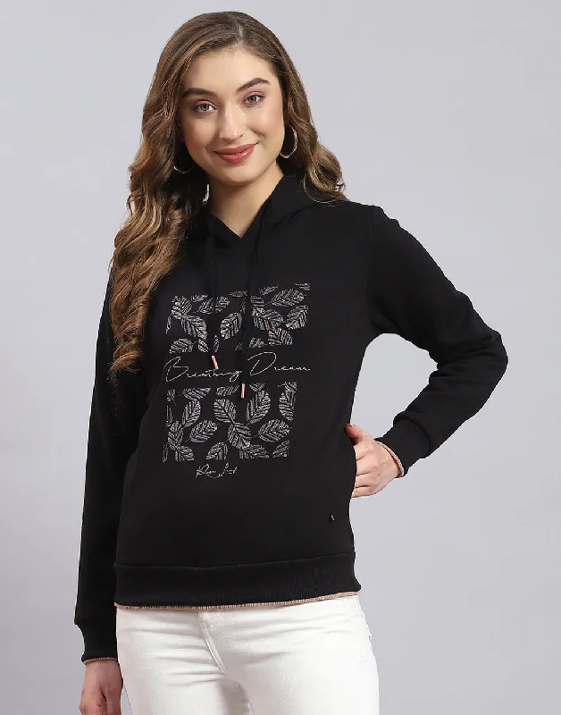 Women Black Embroidered Hooded Full Sleeve Sweatshirt