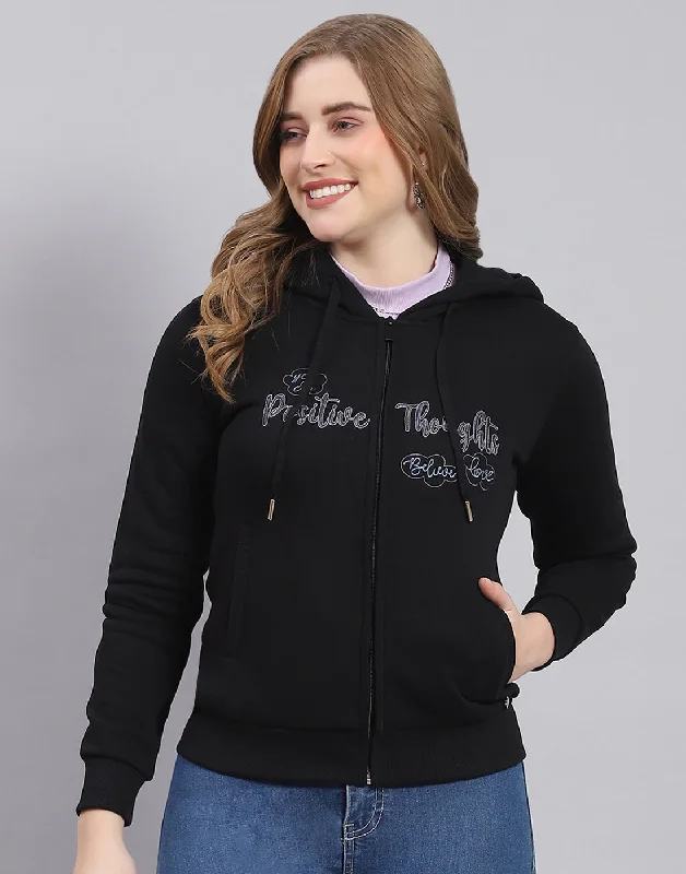 Women Black Embroidered Hooded Full Sleeve Sweatshirt