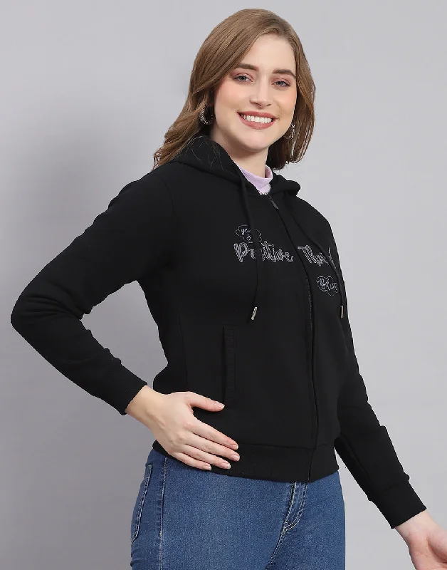 Women Black Embroidered Hooded Full Sleeve Sweatshirt