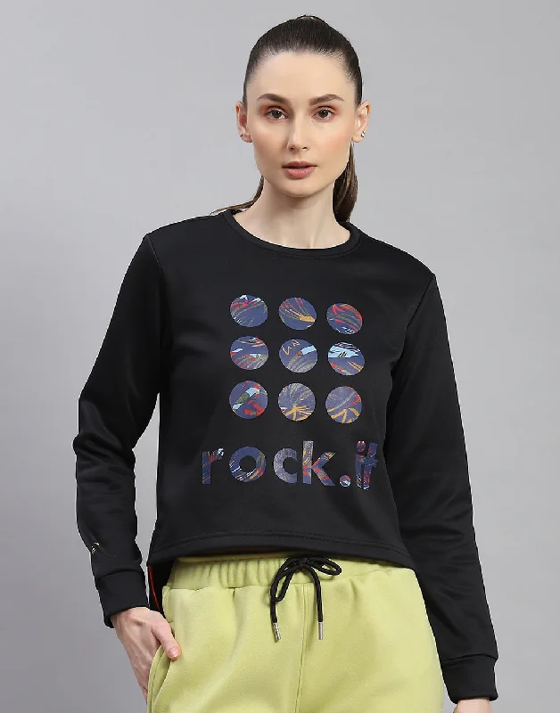 Women Black Printed Round Neck Full Sleeve Sweatshirt