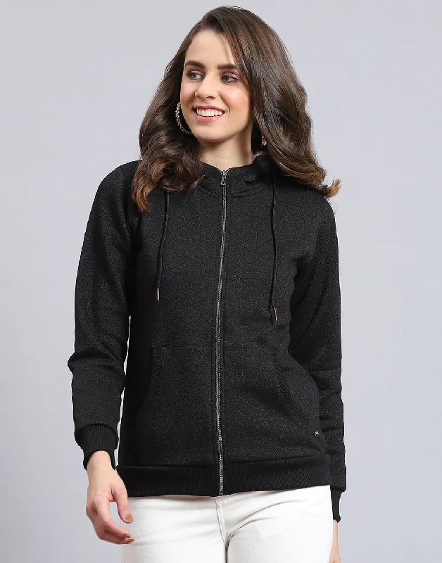 Women Black Solid Hooded Full Sleeve Sweatshirt