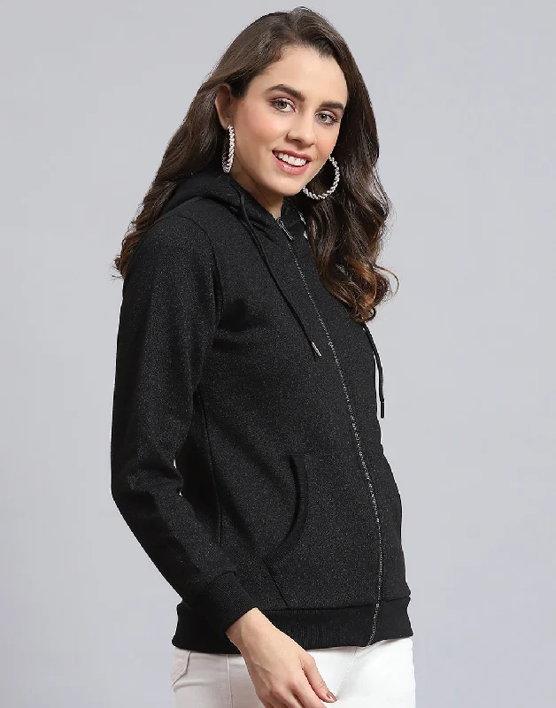 Women Black Solid Hooded Full Sleeve Sweatshirt