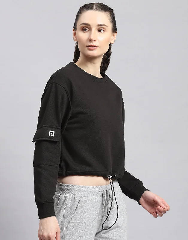 Women Black Solid Round Neck Full Sleeve Sweatshirt