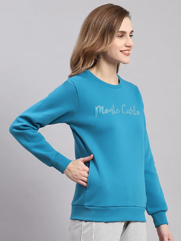 Women Blue Embroidered Round Neck Full Sleeve Sweatshirts