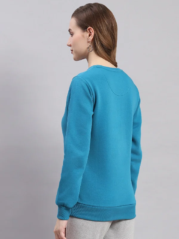 Women Blue Embroidered Round Neck Full Sleeve Sweatshirts