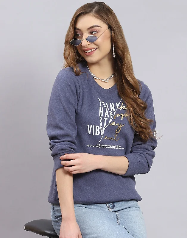 Women Blue Printed Round Neck Full Sleeve Sweatshirt