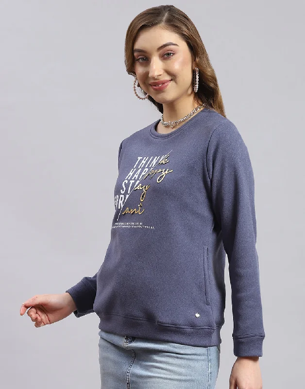 Women Blue Printed Round Neck Full Sleeve Sweatshirt