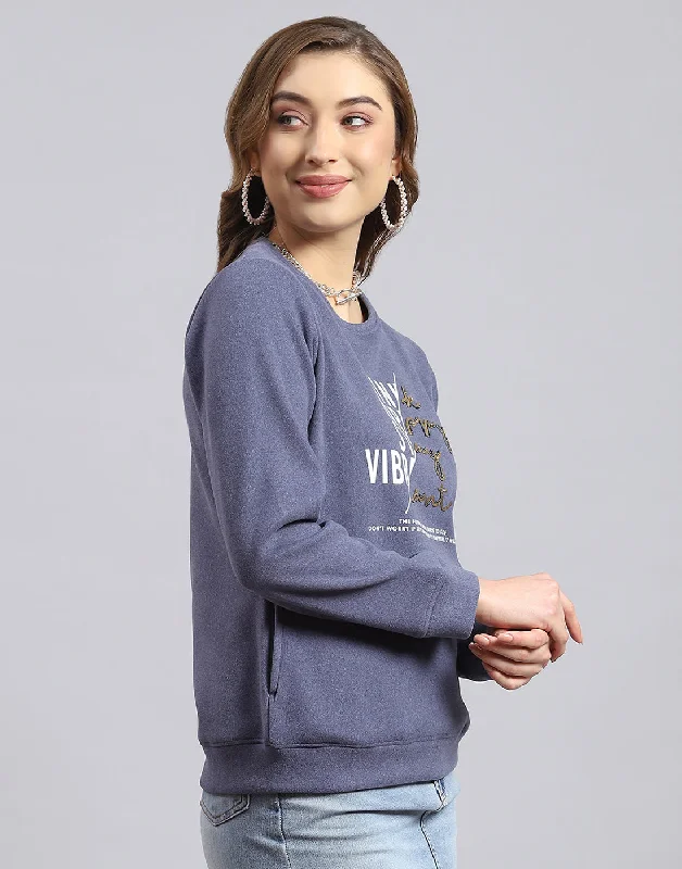 Women Blue Printed Round Neck Full Sleeve Sweatshirt