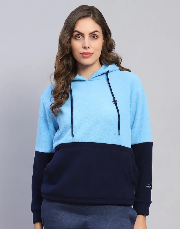 Women Blue Solid Hooded Full Sleeve Sweatshirt