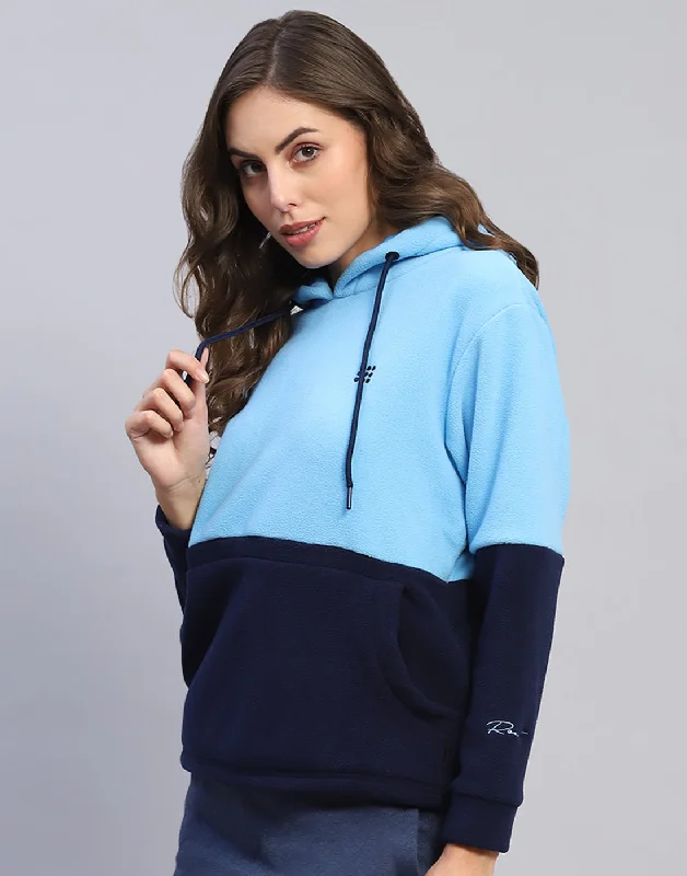 Women Blue Solid Hooded Full Sleeve Sweatshirt