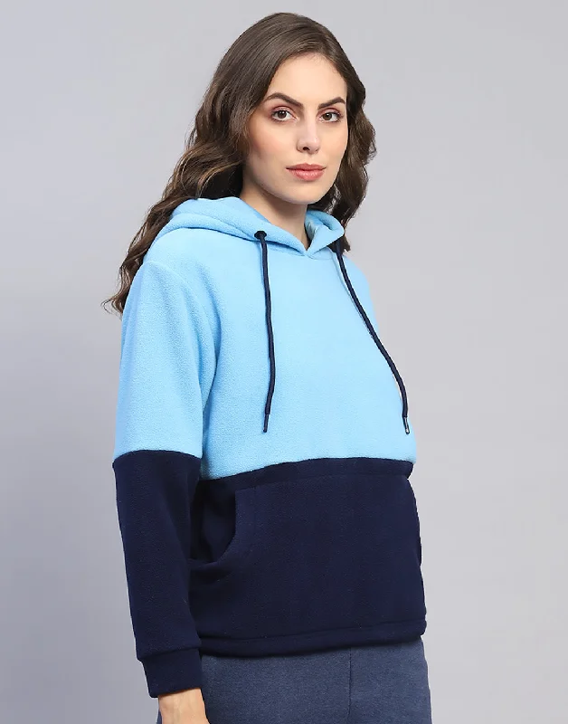 Women Blue Solid Hooded Full Sleeve Sweatshirt