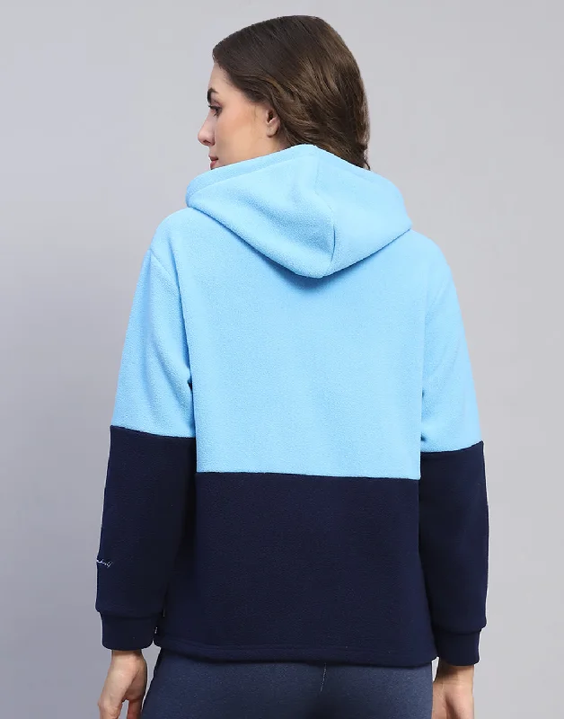 Women Blue Solid Hooded Full Sleeve Sweatshirt