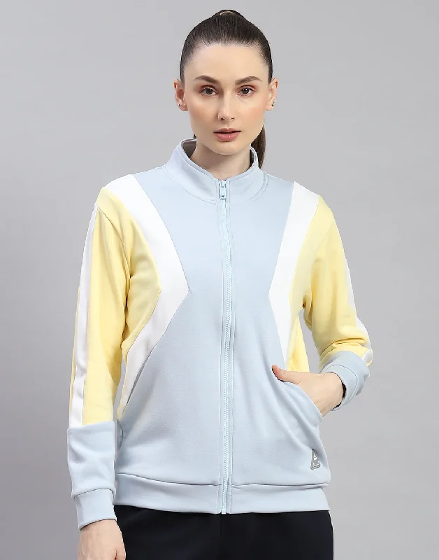 Women Blue Solid Stand Collar Full Sleeve Sweatshirt