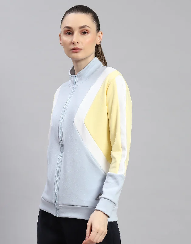 Women Blue Solid Stand Collar Full Sleeve Sweatshirt