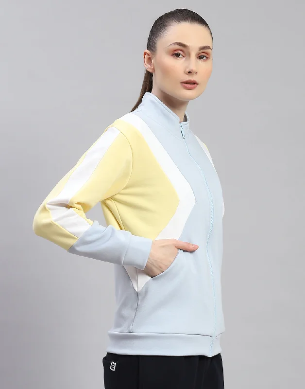 Women Blue Solid Stand Collar Full Sleeve Sweatshirt