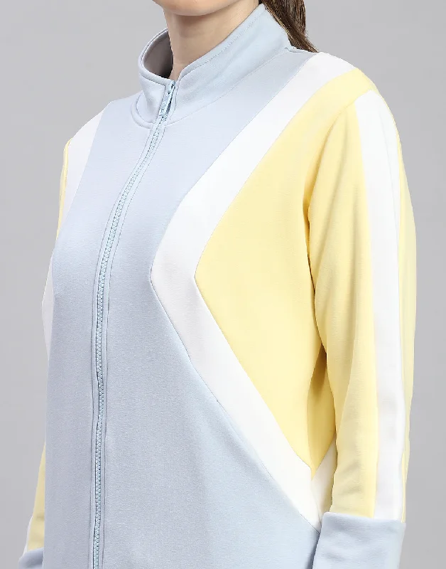 Women Blue Solid Stand Collar Full Sleeve Sweatshirt