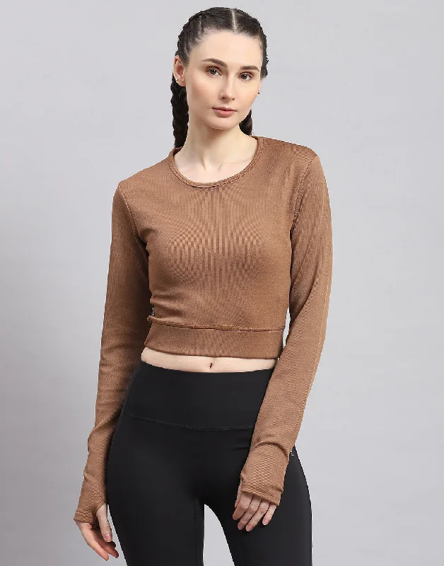 Women Brown Solid Round Neck Full Sleeve Sweatshirt