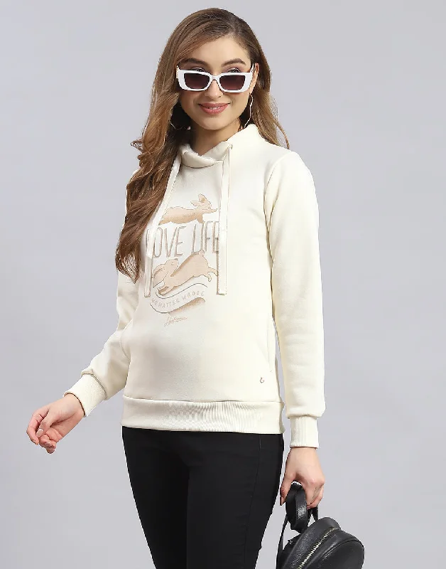 Women Cream Printed Round Neck Full Sleeve Sweatshirt