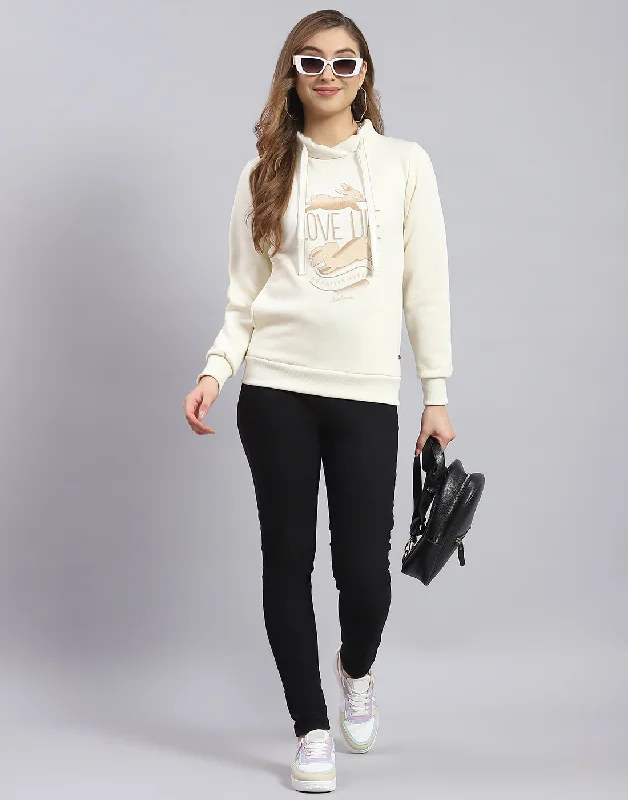 Women Cream Printed Round Neck Full Sleeve Sweatshirt