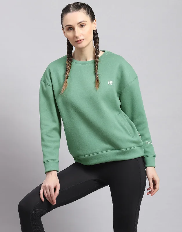 Women Green Solid Round Neck Full Sleeve Sweatshirt