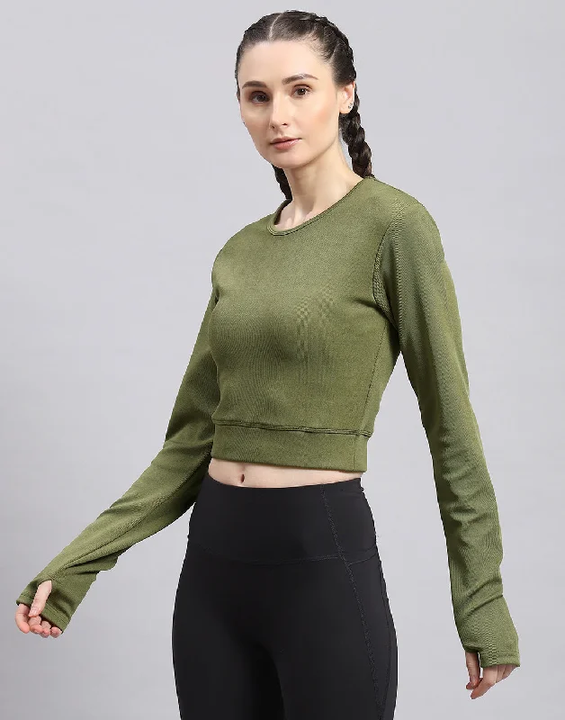 Women Green Solid Round Neck Full Sleeve Sweatshirt