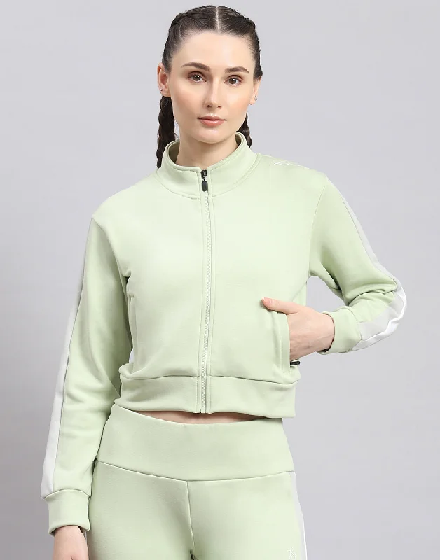 Women Green Solid Stand Collar Full Sleeve Sweatshirt