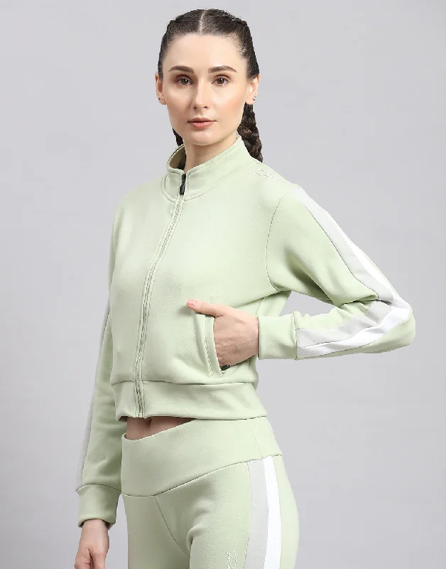 Women Green Solid Stand Collar Full Sleeve Sweatshirt