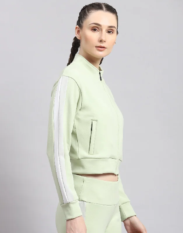 Women Green Solid Stand Collar Full Sleeve Sweatshirt