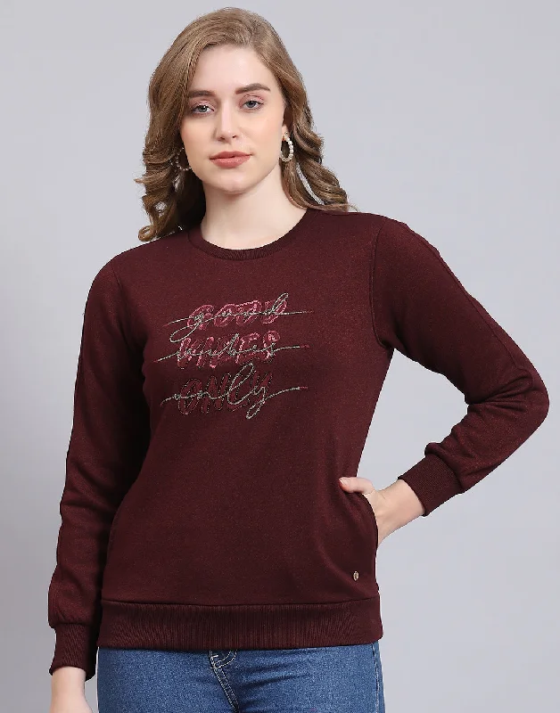 Women Maroon Embroidered Round Neck Full Sleeve Sweatshirt