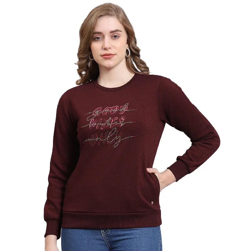 Women Maroon Embroidered Round Neck Full Sleeve Sweatshirt