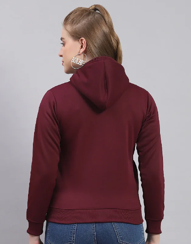 Women Maroon Printed Hooded Full Sleeve Sweatshirt