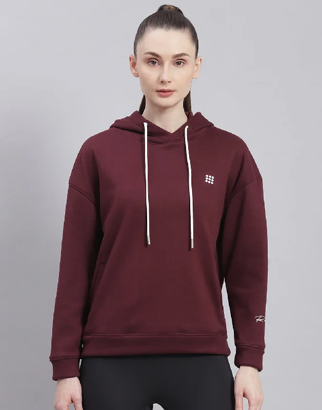 Women Maroon Solid Hooded Full Sleeve Sweatshirt