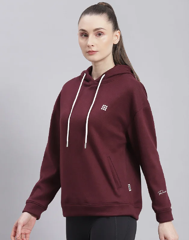 Women Maroon Solid Hooded Full Sleeve Sweatshirt